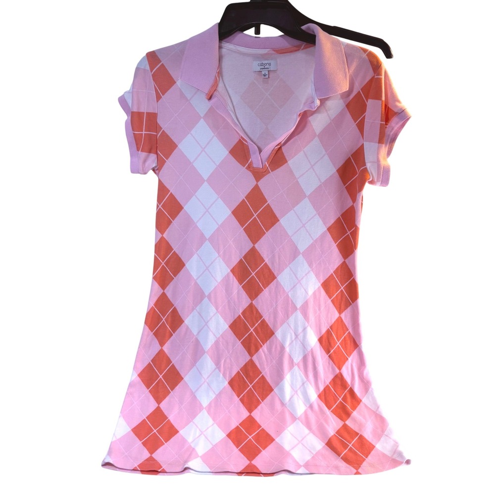 Cabana by Crown & Ivy Womens Pink Orange Argyle Polo Mini Dress Small‎ Cotton